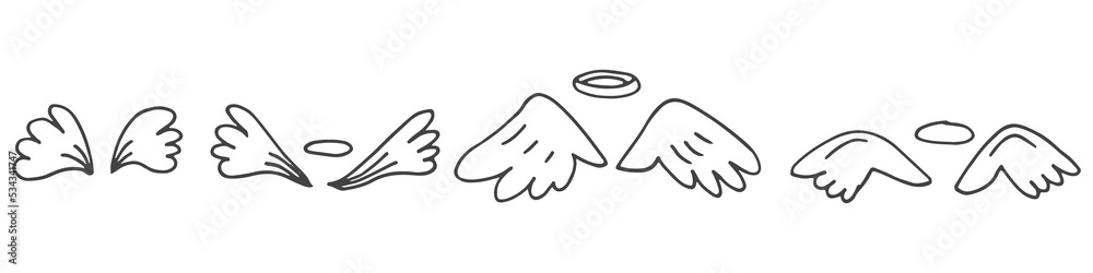 Set of cute hand-drawn doodle elements about love. Message stickers for apps. Icons for Valentines Day, romantic events and wedding. Wings of angels with halos. Set of cute hand-drawn doodle elements about love. Message stickers for apps. Icons for Valentines Day, romantic events and wedding. Wings of angels with halos.