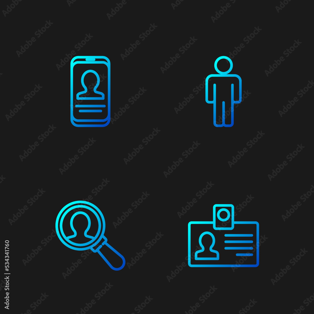 Set line Identification badge, Magnifying glass for search, Mobile with resume and User of man. Gradient color icons. Vector Set line Identification badge, Magnifying glass for search, Mobile with resume and User of man. Gradient color icons. Vector