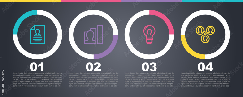 Set line Resume, Productive human, Head with lamp bulb and Project team base. Business infographic template. Vector Set line Resume, Productive human, Head with lamp bulb and Project team base. Business infographic template. Vector