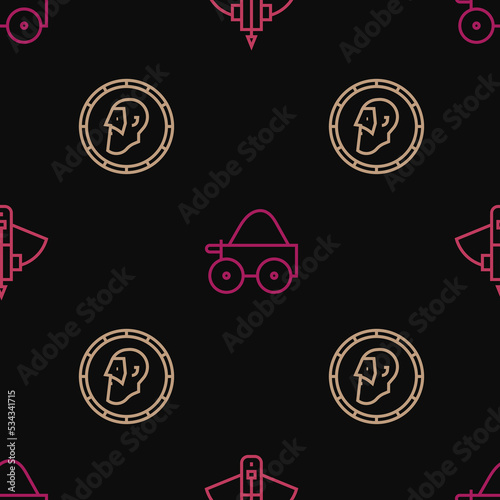 Set line Battle crossbow with arrow, Ancient coin and Wooden four-wheel cart on seamless pattern. Vector