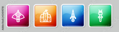 Set line Battle crossbow with arrow, Castle, fortress, Dagger and Torch flame. Colorful square button. Vector
