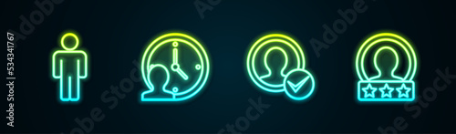 Set line User of man, Time Management, Create account screen and . Glowing neon icon. Vector
