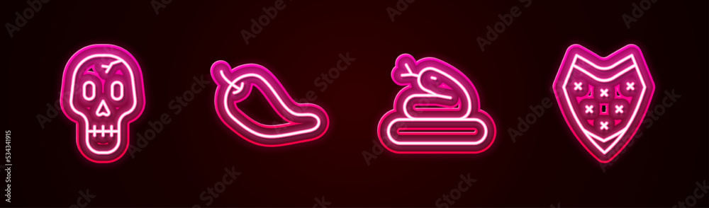 Set line Skull, Hot chili pepper pod, Snake and Poncho. Glowing neon icon. Vector Set line Skull, Hot chili pepper pod, Snake and Poncho. Glowing neon icon. Vector