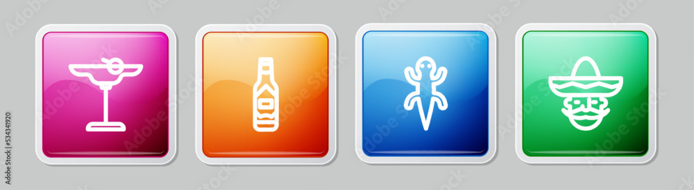 Set line Margarita cocktail, Tabasco sauce, Lizard and Mexican man sombrero. Colorful square button. Vector Set line Margarita cocktail, Tabasco sauce, Lizard and Mexican man sombrero. Colorful square button. Vector