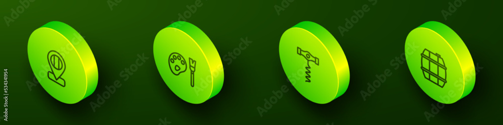 Set Isometric line Location flag Italy, Paint brush with palette, Wine corkscrew and Barrel for wine icon. Vector Set Isometric line Location flag Italy, Paint brush with palette, Wine corkscrew and Barrel for wine icon. Vector