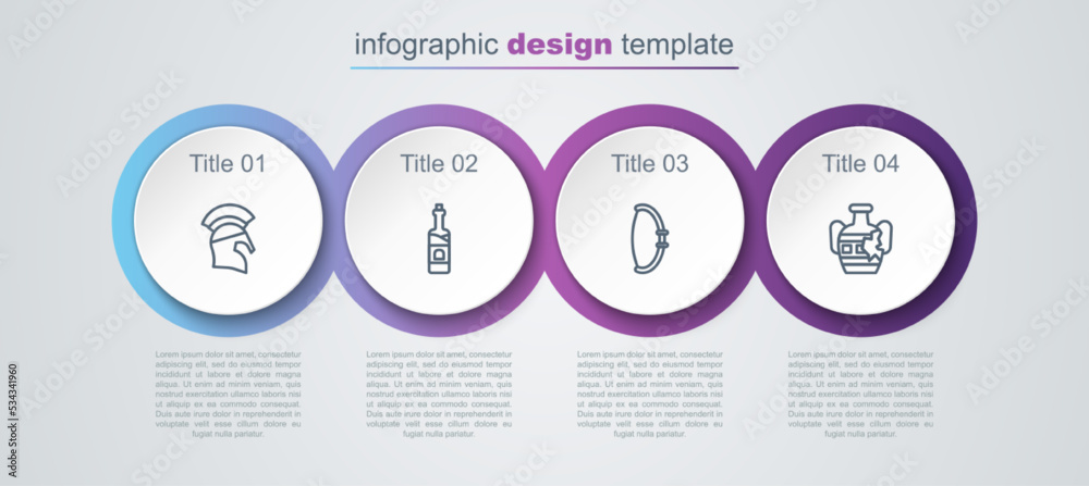 Set line Greek helmet, Bottle of wine, Medieval bow and Broken amphorae. Business infographic template. Vector Set line Greek helmet, Bottle of wine, Medieval bow and Broken amphorae. Business infographic template. Vector