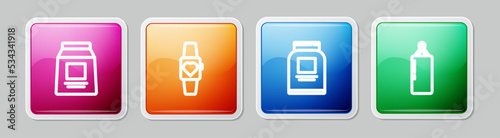 Set line Sports nutrition, Smartwatch, and Punching bag. Colorful square button. Vector