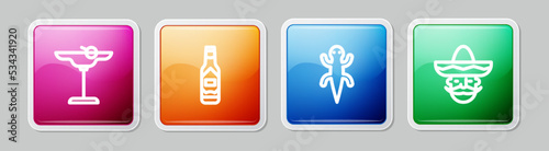 Set line Margarita cocktail, Tabasco sauce, Lizard and Mexican man sombrero. Colorful square button. Vector