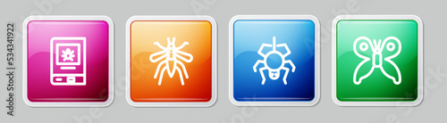Set line Book about insect, Mosquito, Spider and Butterfly. Colorful square button. Vector