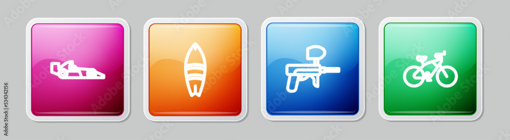 Set line Formula 1 racing car, Surfboard, Paintball gun and Bicycle. Colorful square button. Vector Set line Formula 1 racing car, Surfboard, Paintball gun and Bicycle. Colorful square button. Vector