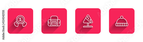 Set line Medal, Sport bag, Road sign avalanches and Winter hat with long shadow. Red square button. Vector