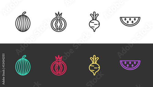 Set line Watermelon, Tomato, Beet and on black and white. Vector