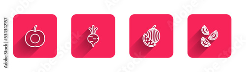 Set line Peach fruit, Beet, Watermelon and Tomato with long shadow. Red square button. Vector