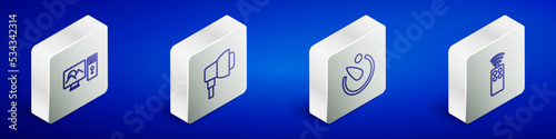 Set Isometric line Photo retouching, Softbox light, Camera timer and Remote control for camera icon. Vector