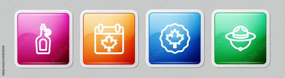 Set line Bottle of maple syrup, Canada day with leaf, Canadian and ranger hat. Colorful square button. Vector Set line Bottle of maple syrup, Canada day with leaf, Canadian and ranger hat. Colorful square button. Vector