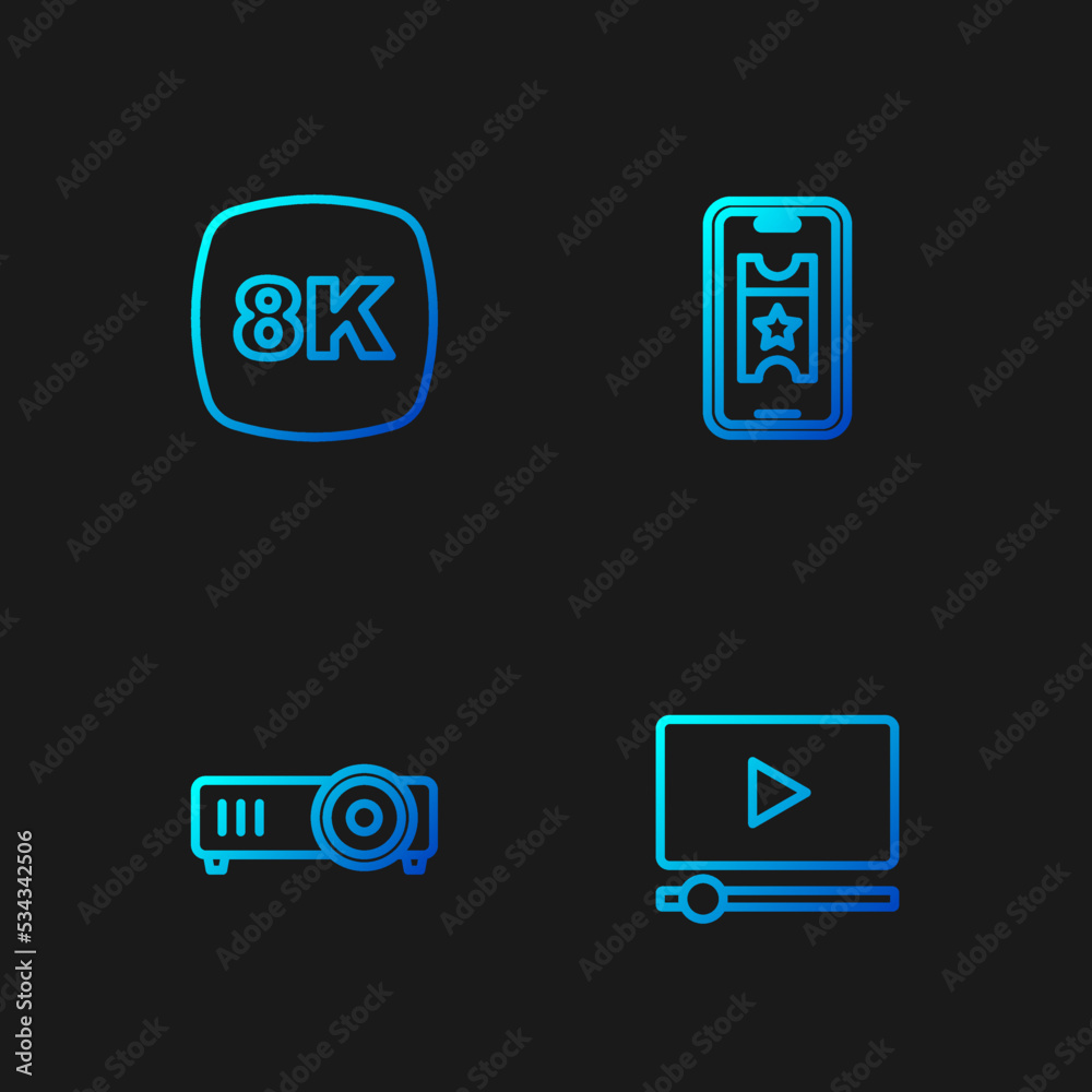 Set line Online play video, Movie, film, media projector, 8k Ultra HD and Buy cinema ticket online. Gradient color icons. Vector Set line Online play video, Movie, film, media projector, 8k Ultra HD and Buy cinema ticket online. Gradient color icons. Vector