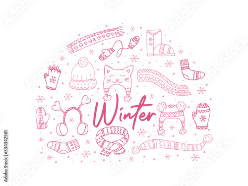 A set of hand-drawn winter clothing. Vector illustration in doodle style. Winter mood. Hello 2023. Merry Christmas and Happy New Year. Pink elements in the shape of a circle on a white background.