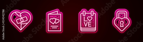 Set line Healed broken heart or divorce, Valentines day flyer, Calendar with February 14 and Castle the shape of. Glowing neon icon. Vector