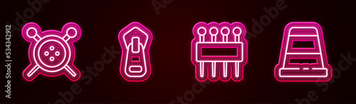 Set line Sewing button and knitting needles, Zipper, Needle for sewing and Thimble. Glowing neon icon. Vector