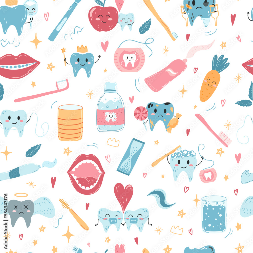 Seamless pattern with hand drawn kawaii teeth characters and oral care products in cartoon flat style. Vector illustration of cartoon children background for wrapping paper, fabric print, cover, card