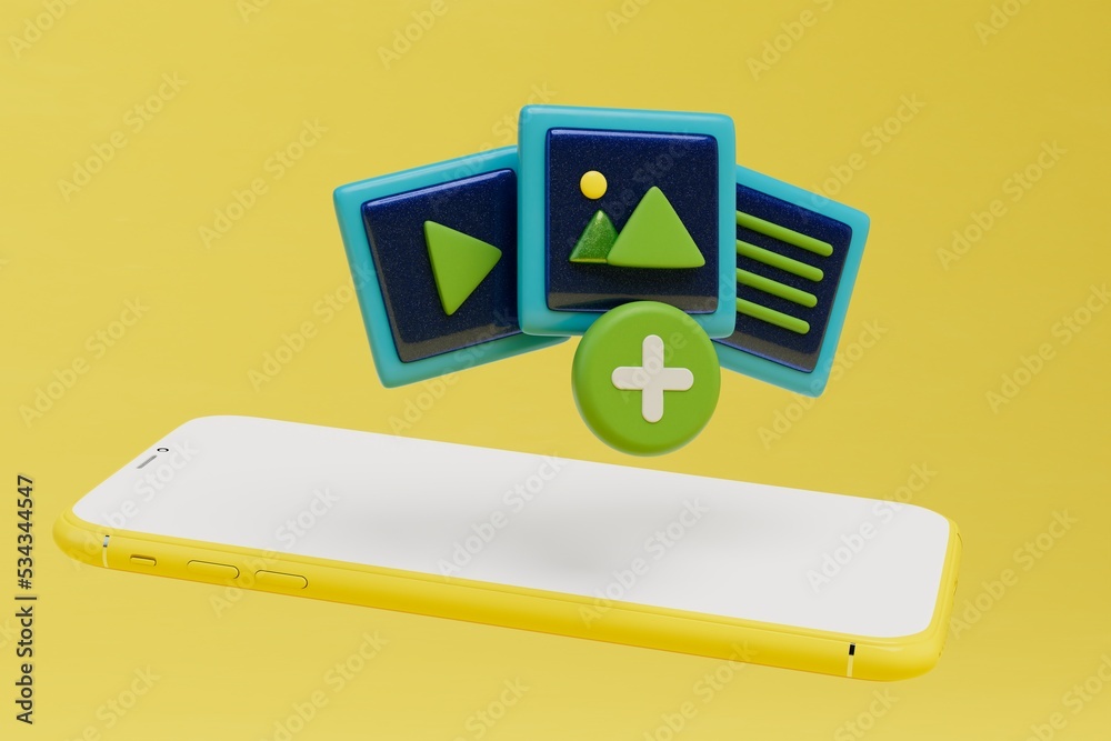 Add video files to your phone. smartphone and buttons to add video on a yellow background. 3D render Add video files to your phone. smartphone and buttons to add video on a yellow background. 3D render