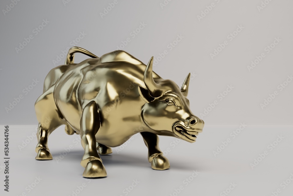 the figure of the attacking bull is golden in color on a white background. 3D render the figure of the attacking bull is golden in color on a white background. 3D render