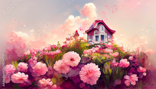Painted pink flowers, beautiful landscape