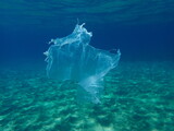 Plastic garbage underwater, Aegean Sea, Greece, Halkidiki. Sea pollution.
