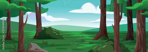 Cartoon forest background, nature landscape with  trees. Scenery summer or spring wood parallax natural scene. Vector illustration eps