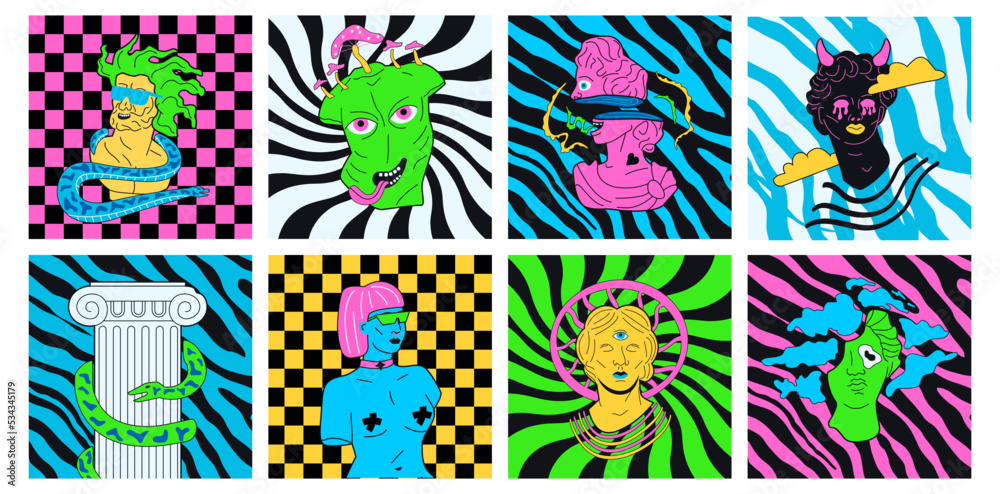 Trippy stickers with acid stylized Greek statues. Psychedelic strange figures.