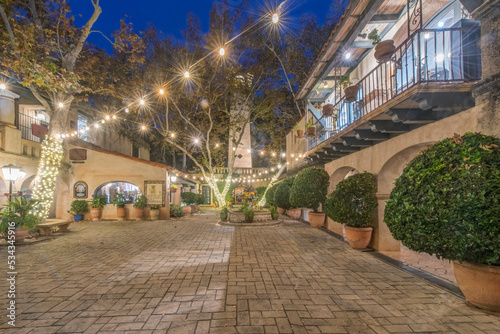 Arizona, Sedona. Tlaquepaque at dawn, high end shopping center with art galleries and boutique stores photo