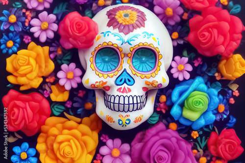 Traditional Calavera, Sugar Skull decorated with flowers. The day of the dead. 3D illustration. photo