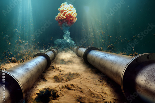 pipeline sabotage, underwater pipes, undersea explosions, industrial gas pipeline, nord stream leaks, 3d rendering combined with generative ai photo