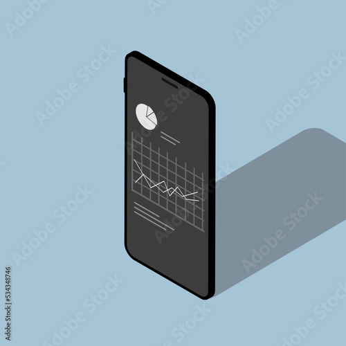 Smartphone. Isometric phone. 3D smartphone. Stock market  trading graph, exchange. Schedule and pie chart. Diagram on smartphone screen. 