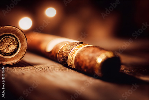 Cigars on a wooden desk, closeup view. Cuban quality cigar tobacco smoking luxury lifestyle. 3d render 