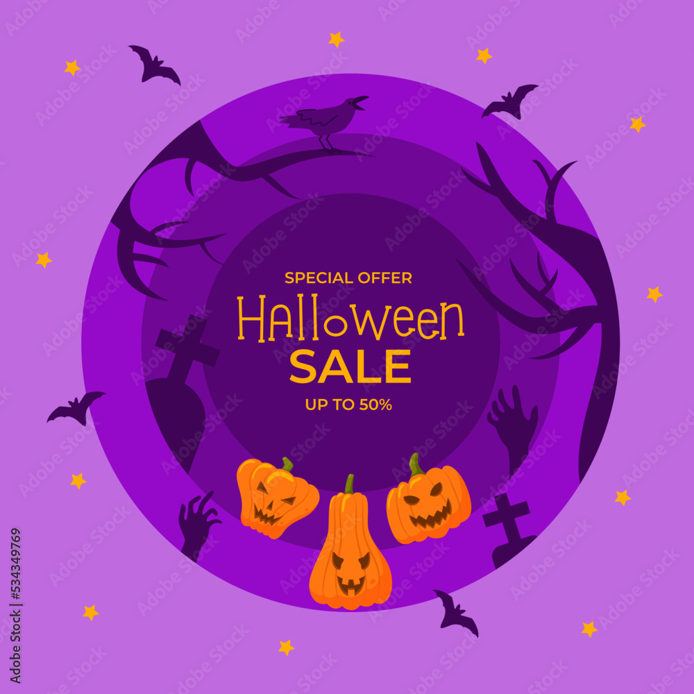 Happy Halloween promo sale banner. Poster with scary pumpkins, bat, raven, spooky night background. Vector illustration for web, flyer, voucher, coupon, special offer, promotions, blogs, social media