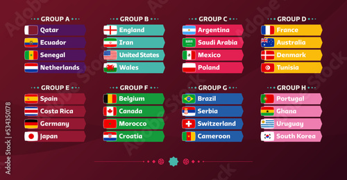 World football 2022 Group and flags set. Flags of the countries participating in the 2022 World championship set. Vector illustration