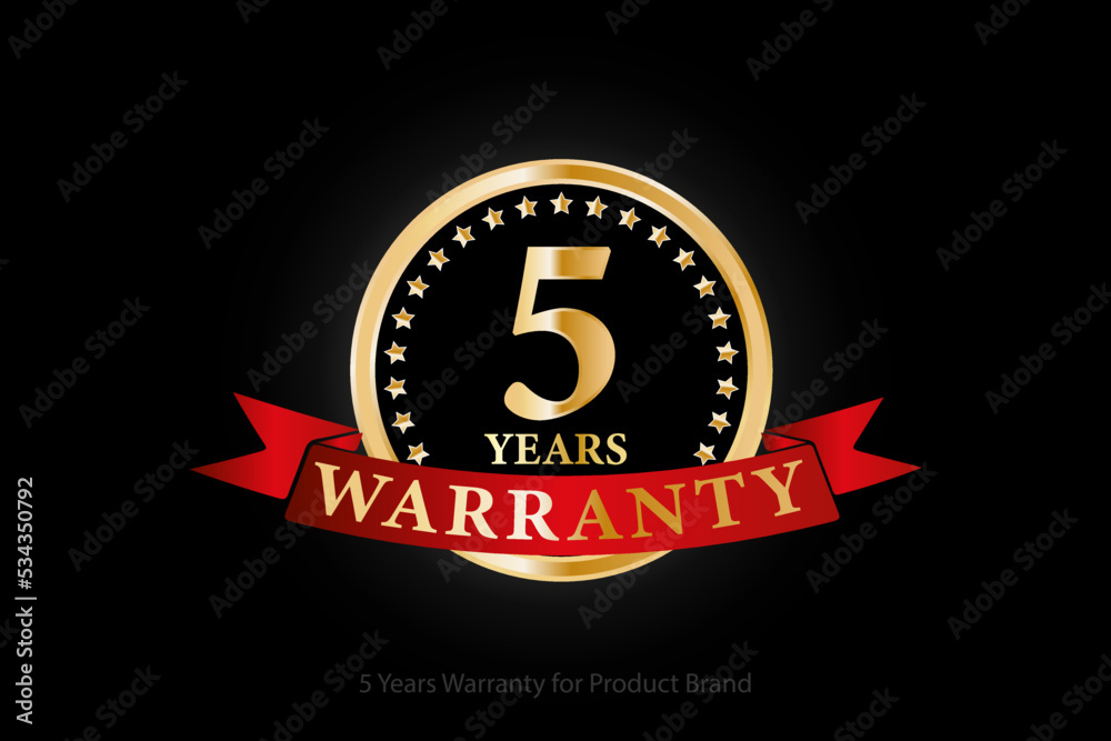 5 years golden warranty logo with ring and red ribbon isolated on black background, vector design for product warranty, guarantee, service, corporate, and your business.
