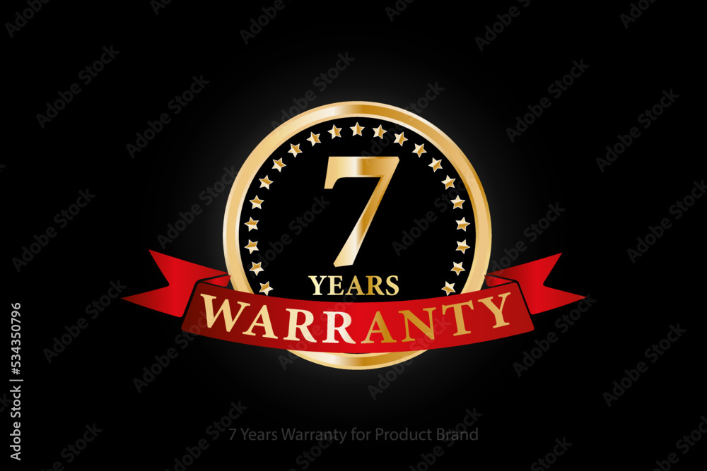 7 years golden warranty logo with ring and red ribbon isolated on black background, vector design for product warranty, guarantee, service, corporate, and your business. 7 years golden warranty logo with ring and red ribbon isolated on black background, vector design for product warranty, guarantee, service, corporate, and your business.