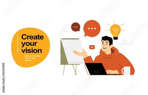 Male teacher give a lecture, online learning. School teacher video conference, training and courses. Lecturer distant teaching. Professional presentation. Man instructor teaching vector	illustration