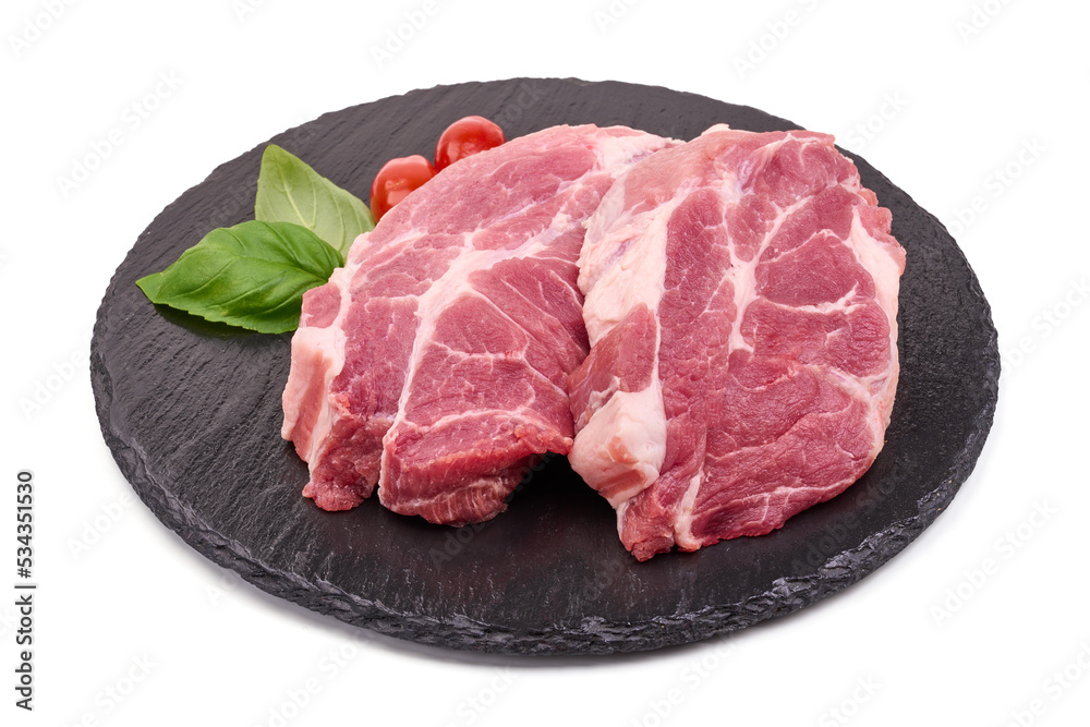Pork shoulder steaks, isolated on white background. Pork shoulder steaks, isolated on white background.