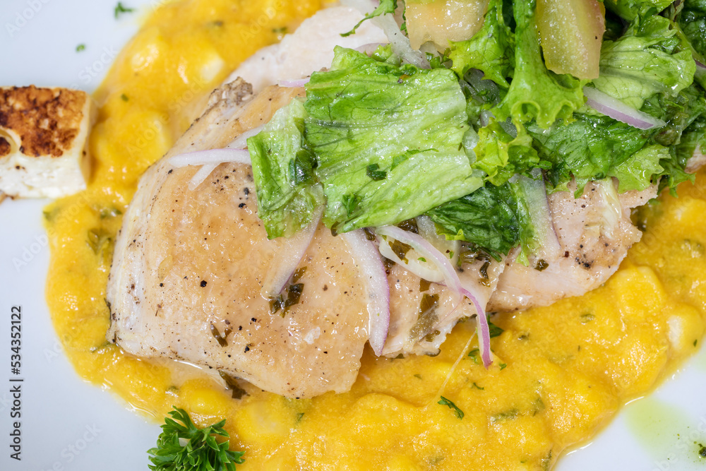 Typical colombian food and drinks, grilled chicken over carrot purée Typical colombian food and drinks, grilled chicken over carrot purée