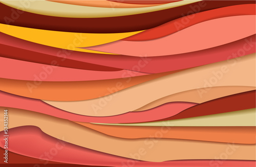 Abstract horizontal line background. Curved layers in vibrant coral tones. Hills in papercut style. Artistic vector illustration.