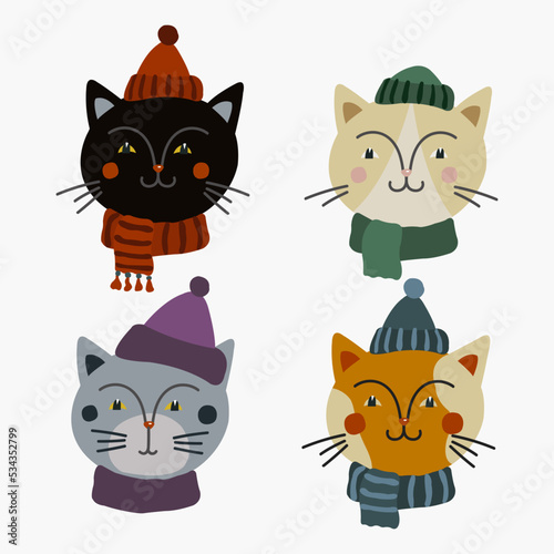Set of cute cats wearing winter hats and scarves set. Vector flat illustration with animal faces.