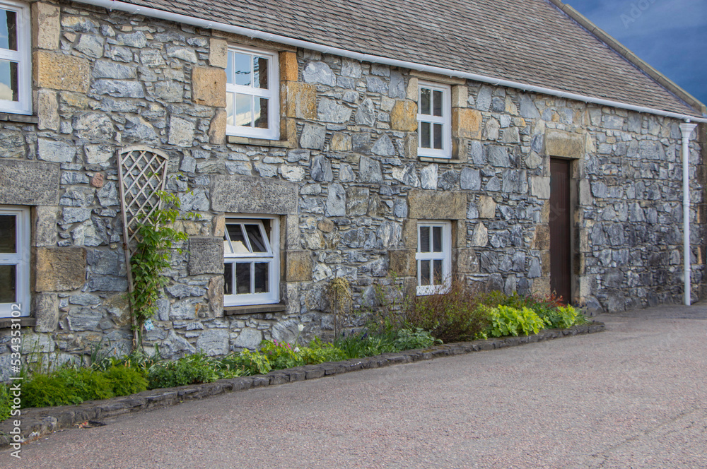 Stone building with a door and a plant on a trellis Stone building with a door and a plant on a trellis