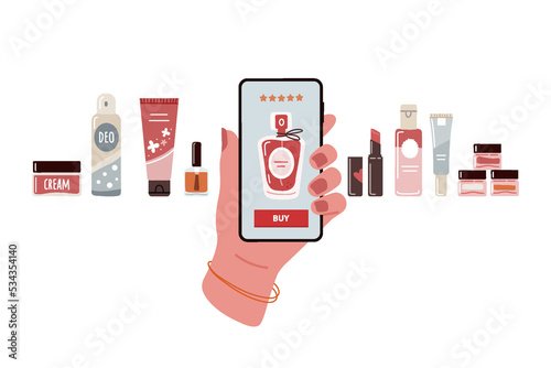 Buying perfume with phone.Woman hand holds phone with online cosmetics store