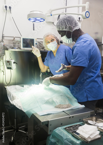 Woman veterinarian and man assistant during operation in a veterinary clinic