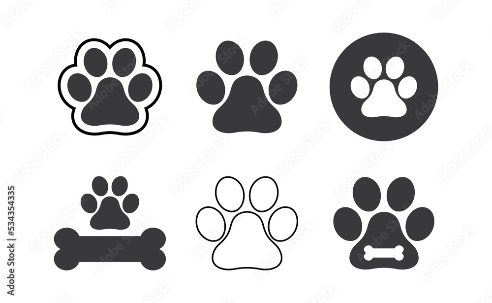 Dog paw prints set. Black silhouettes of paw icons. Vector isolated illustration Dog paw prints set. Black silhouettes of paw icons. Vector isolated illustration