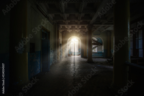 Old dark creepy abandoned ruined haunted theater hallway