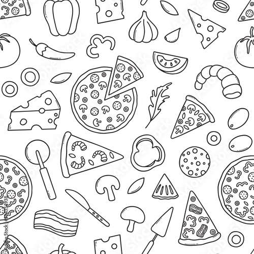 Hand drawn seamless pattern of pizza doodle. Different slices of pizza in sketch style. Vector illustration